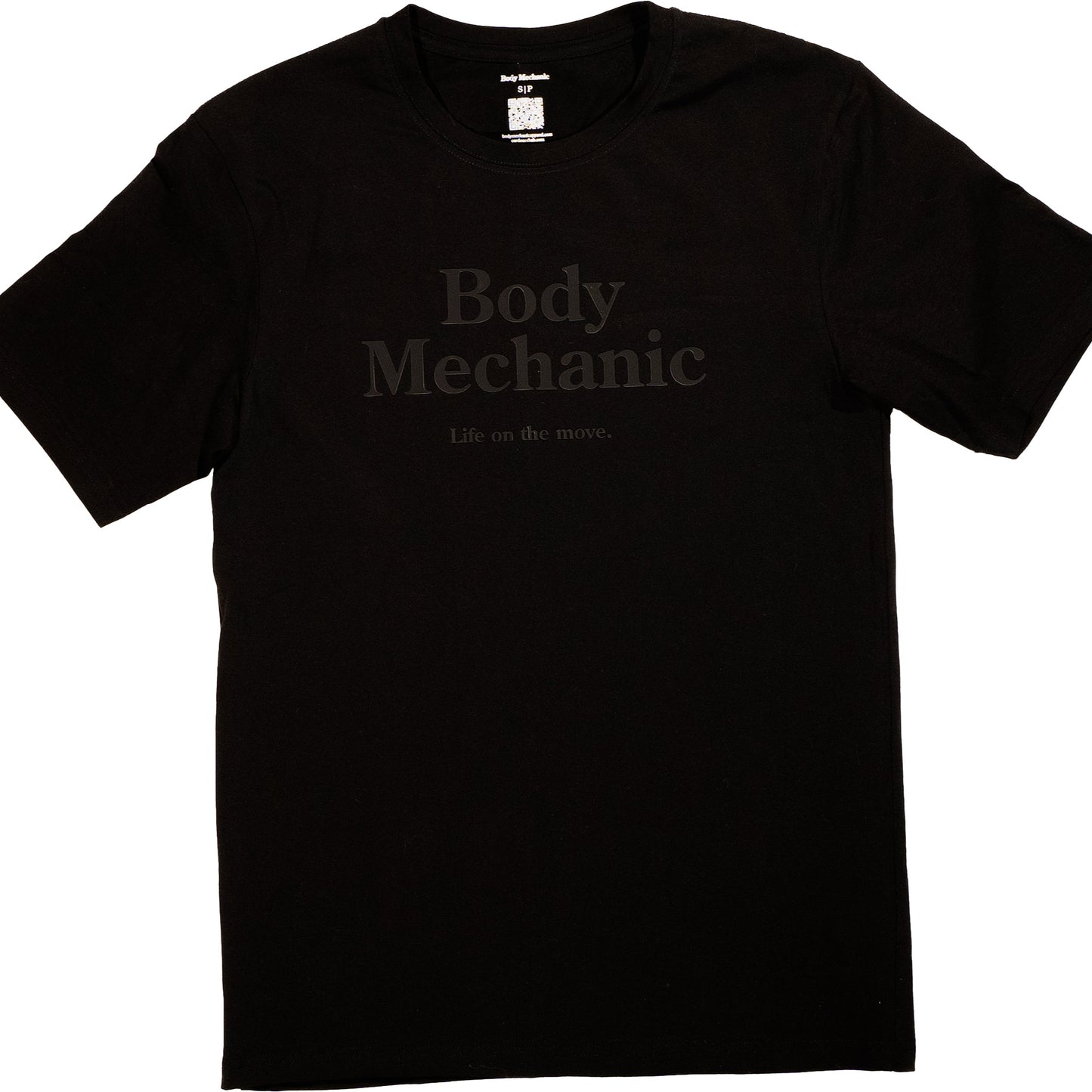 Black t-shirt with 'Body Mechanic' text on a white background