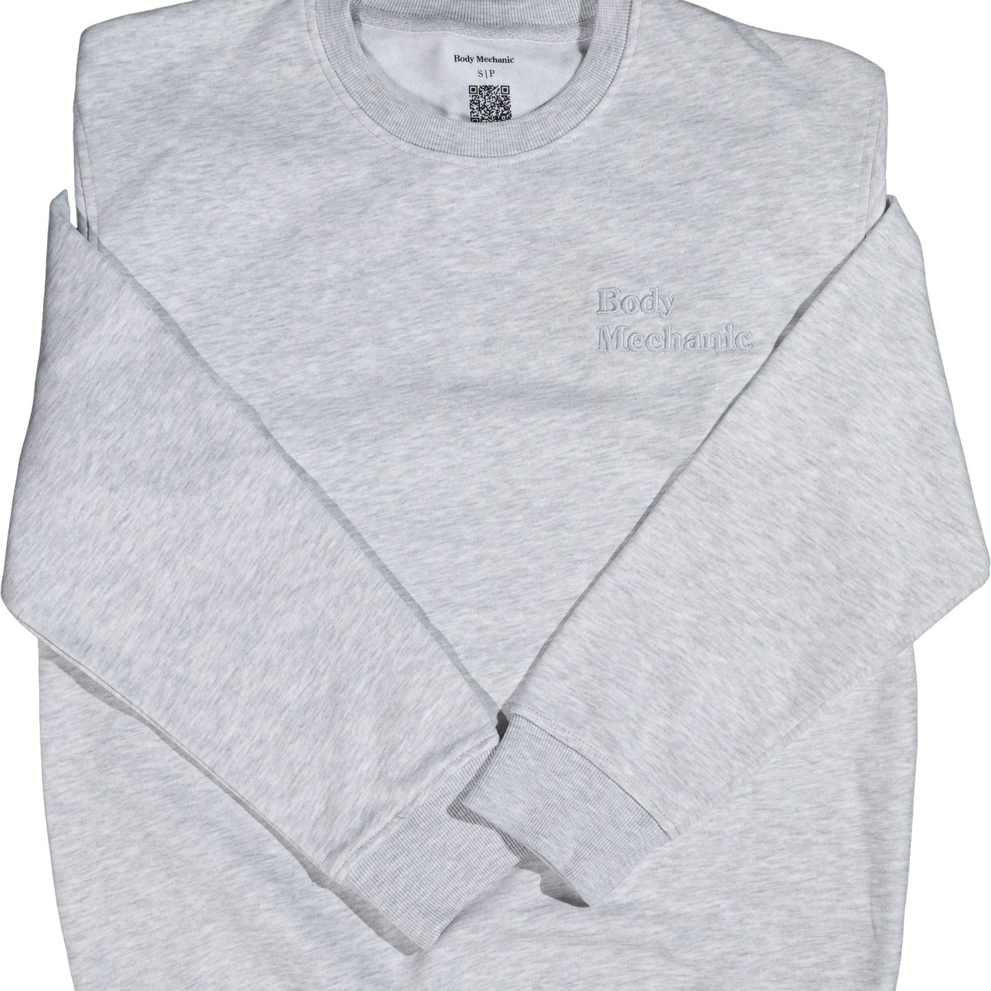 Folded gray sweatshirt with 'Body Mechanics' branding on a white background