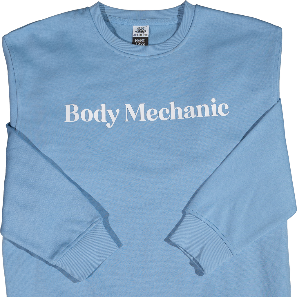 Light blue sweatshirt with 'Body Mechanic' text on a white background