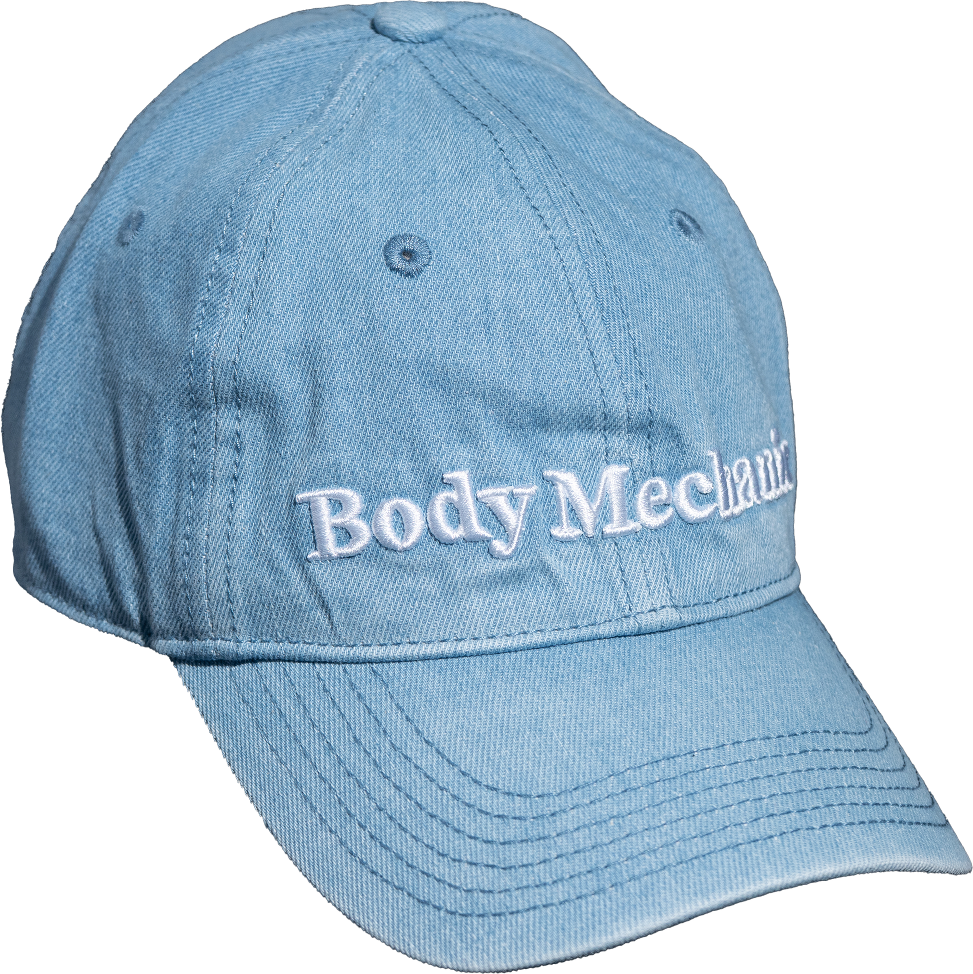 Blue cap with 'Body Mechanic' text on a white background