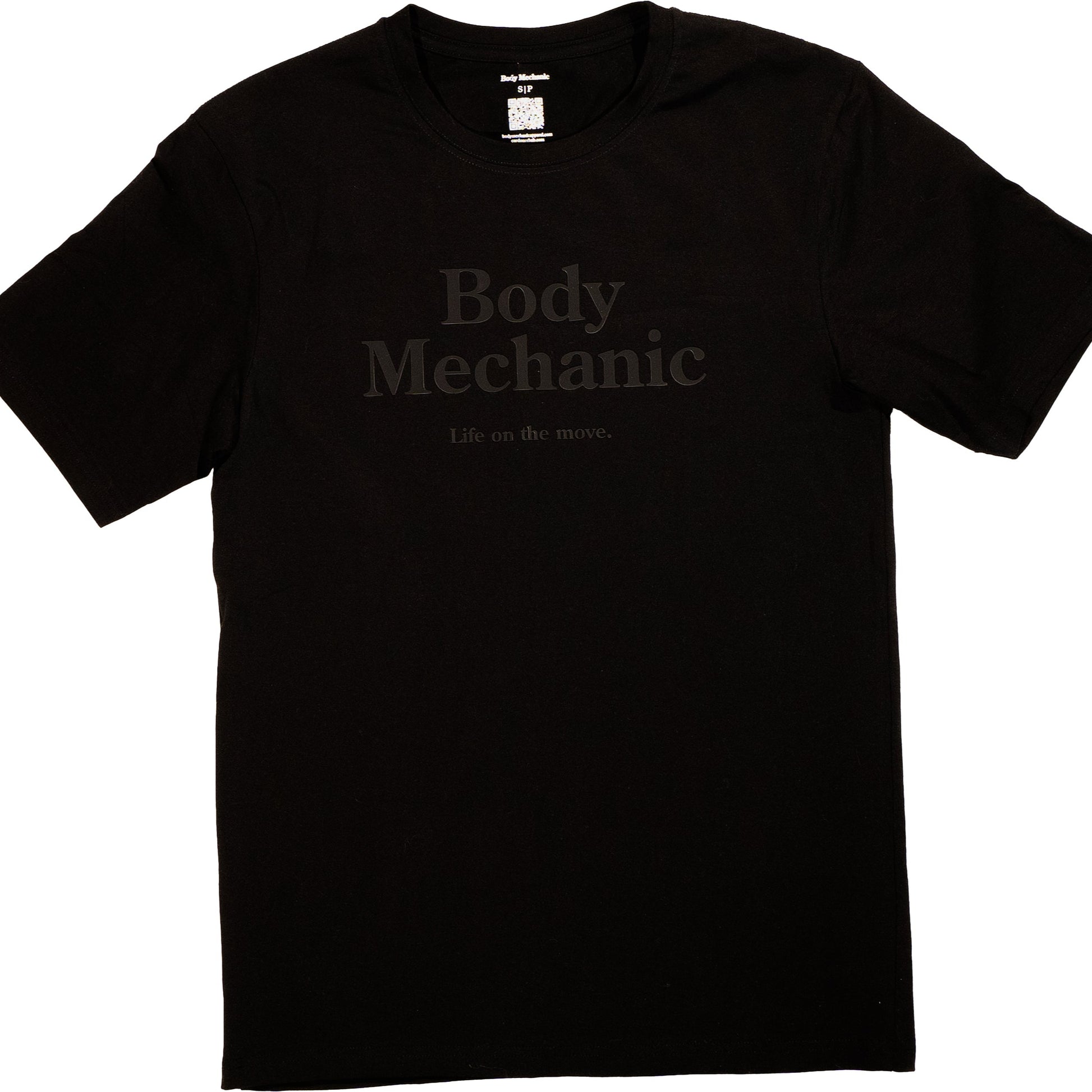 Black t-shirt with 'Body Mechanic' text on a white background