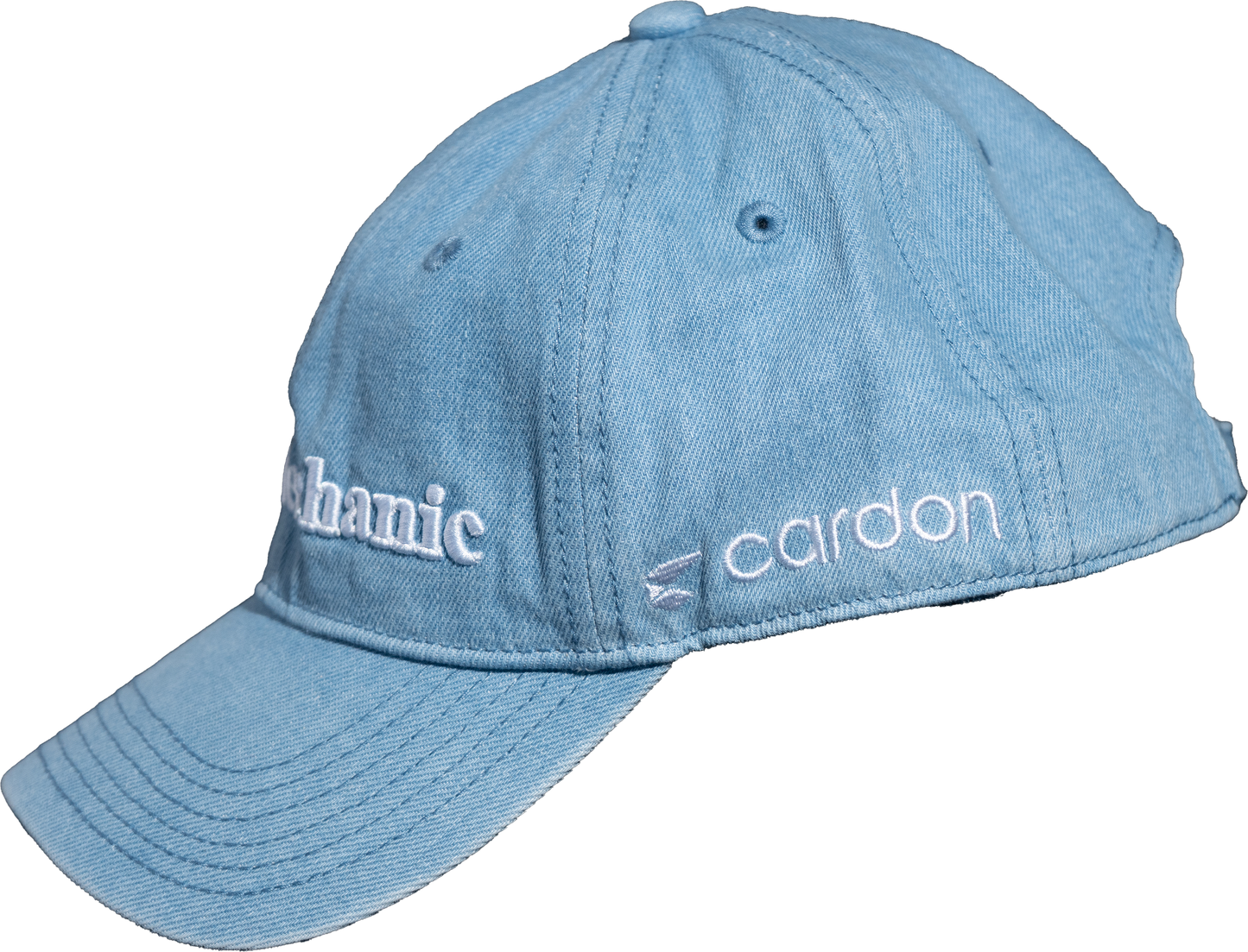 Blue denim cap with white embroidered text on a white background