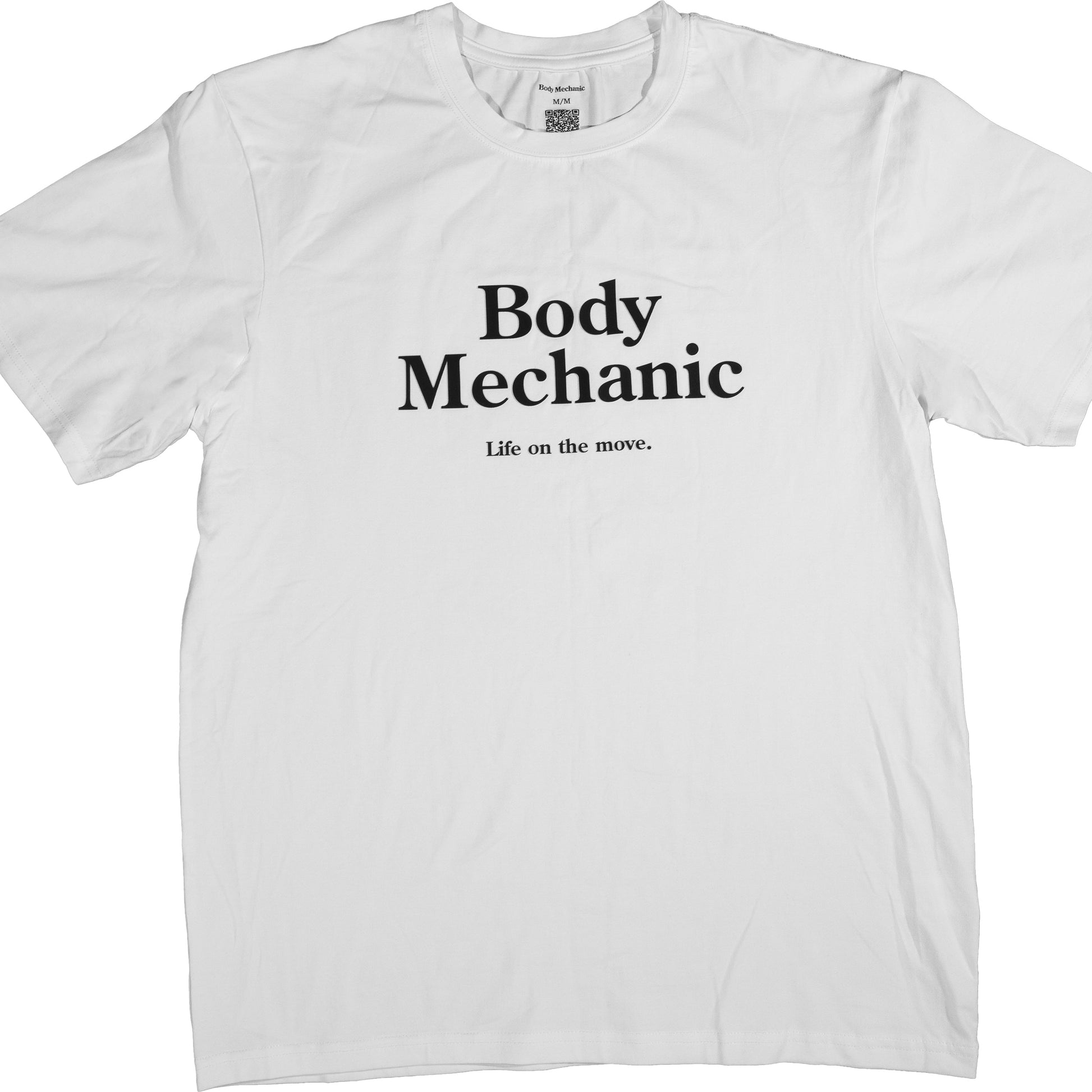 White t-shirt with 'Body Mechanic' text on a white background
