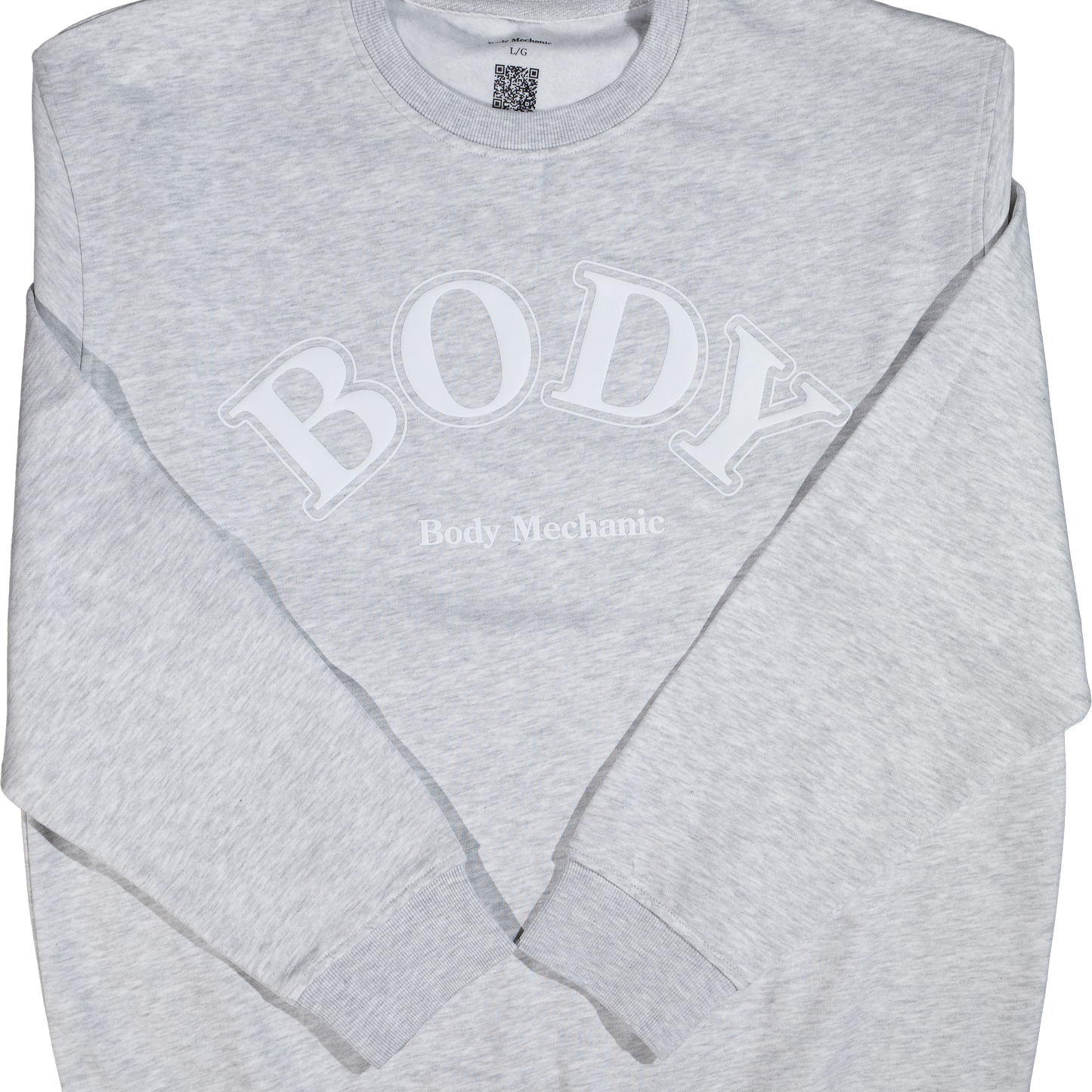 Gray sweatshirt with 'BODY' text on a white background