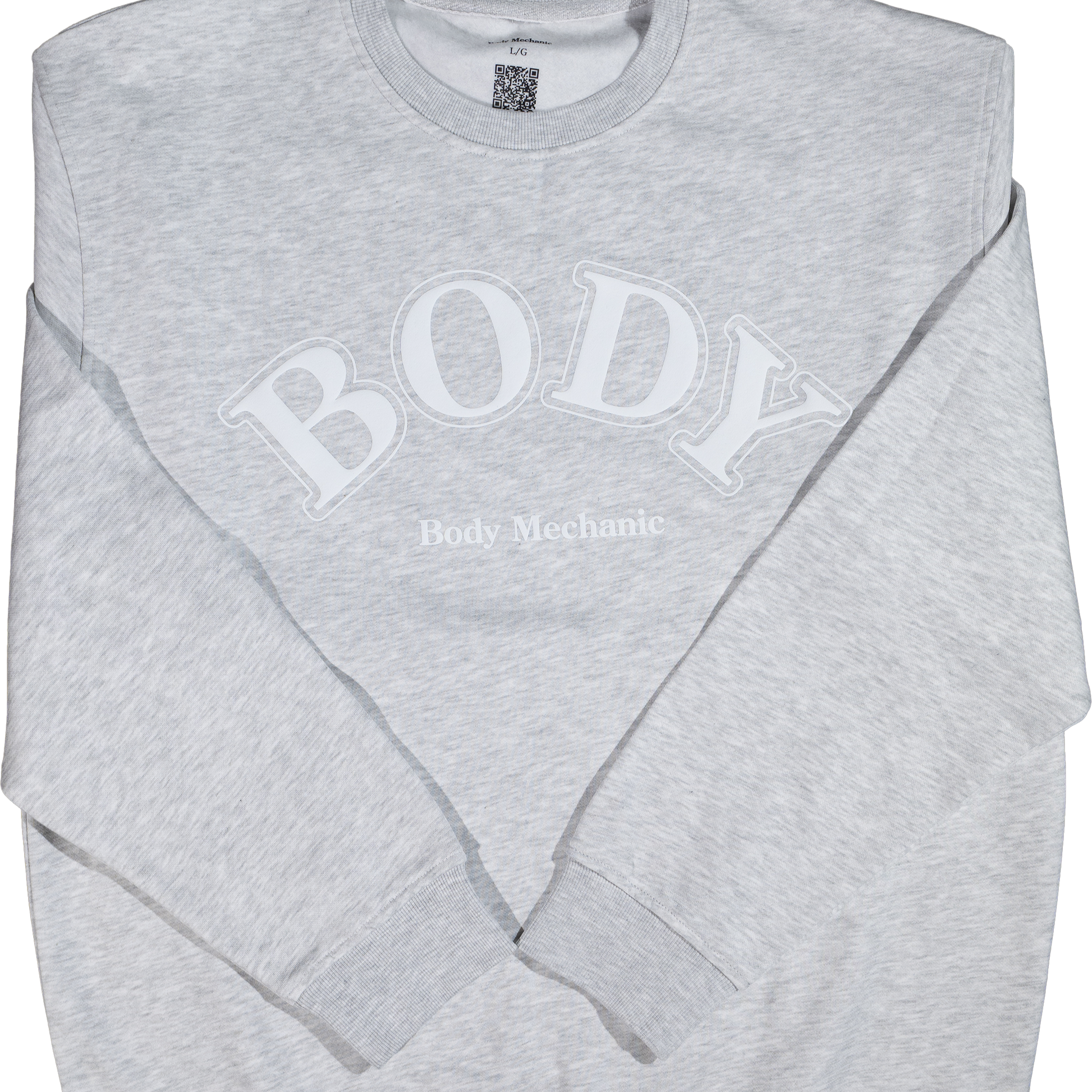 Gray sweatshirt with 'BODY' text on a white background